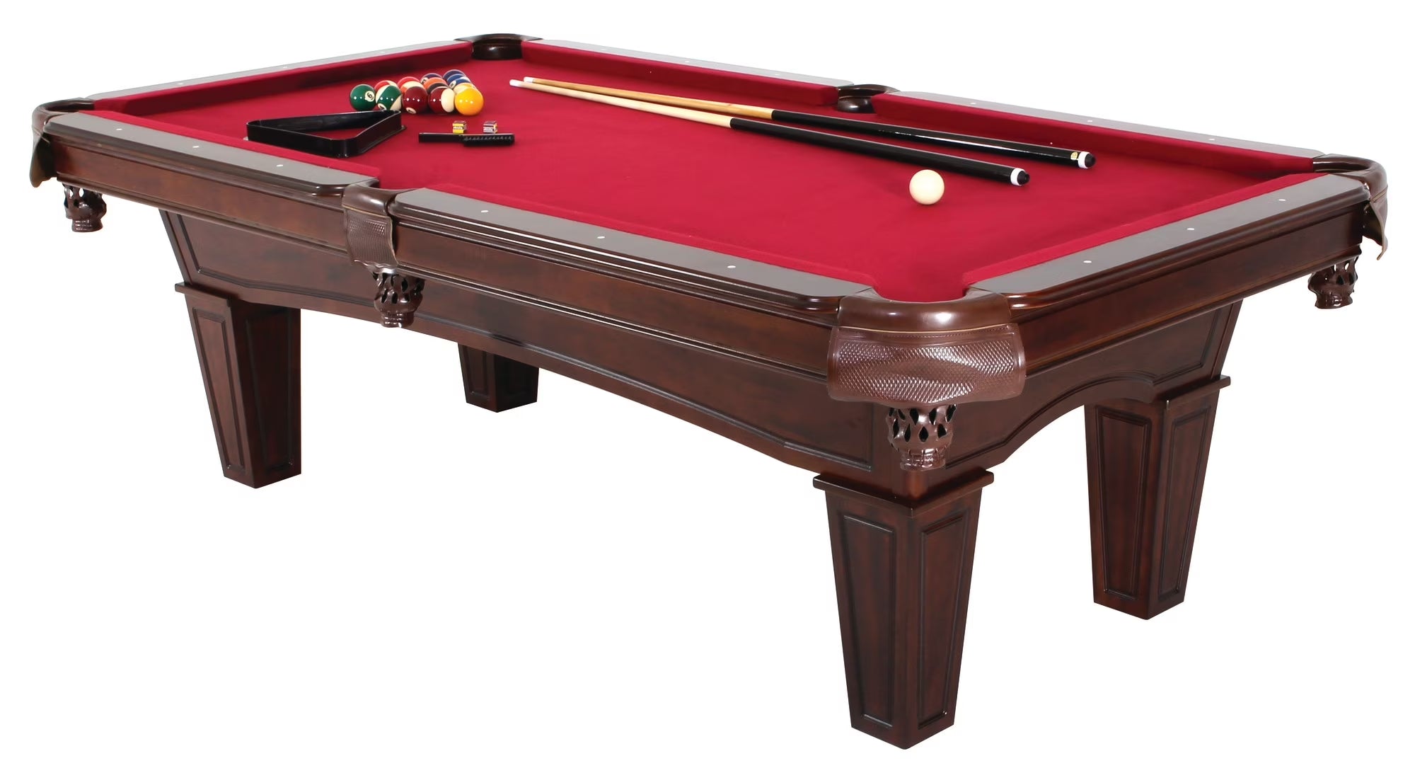 Fullerton Billiard Table - 7.5' - in Dark Chestnut Finish with Triangle Rack, Chalk, Ball Set, Brush and 2 One-Piece Cues