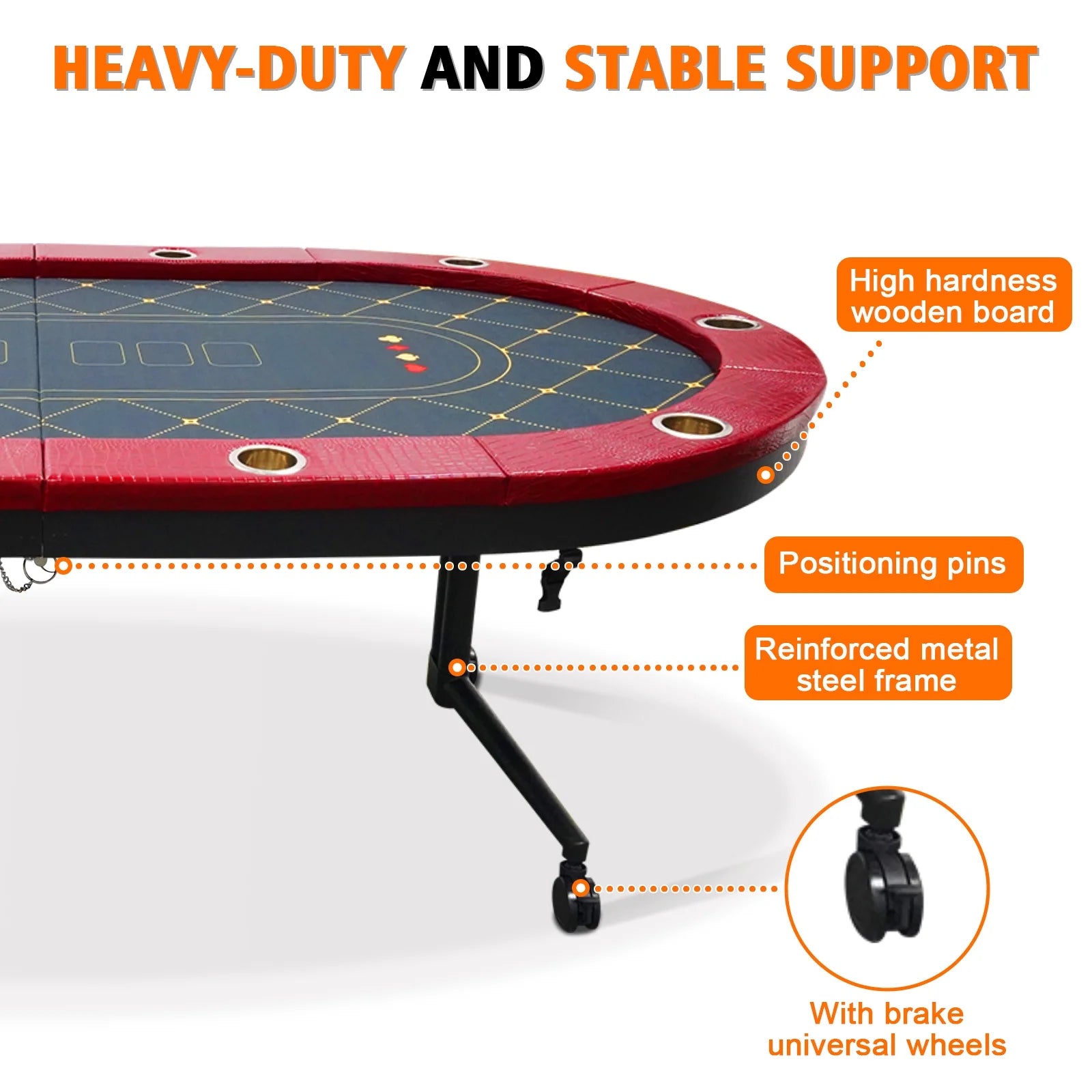Foldable Poker Table for 10 Player, Blackjack Texas Holdem Table with Padded Rails and Stainless Steel Cup Holders, Portable Folding Card Board Game Table, 90" Oval Casino Leisure Table, Red
