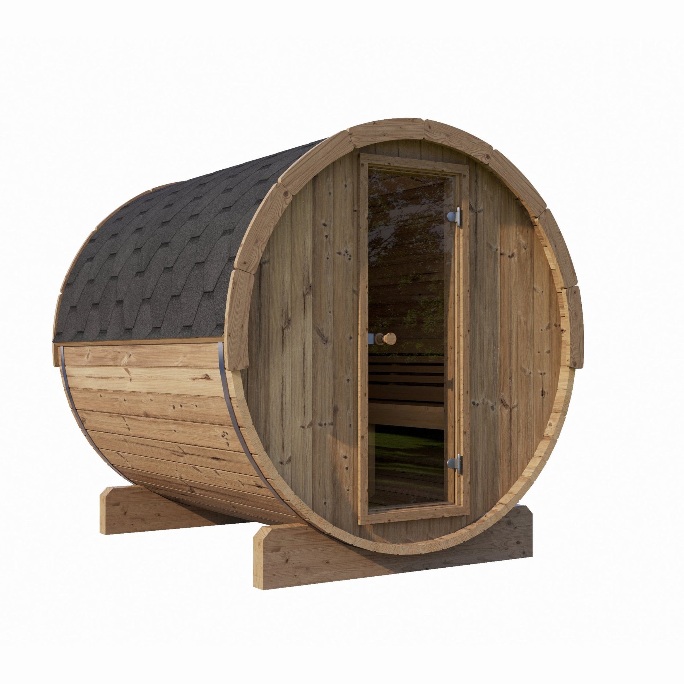Wooden barrel-shaped sauna on a white background