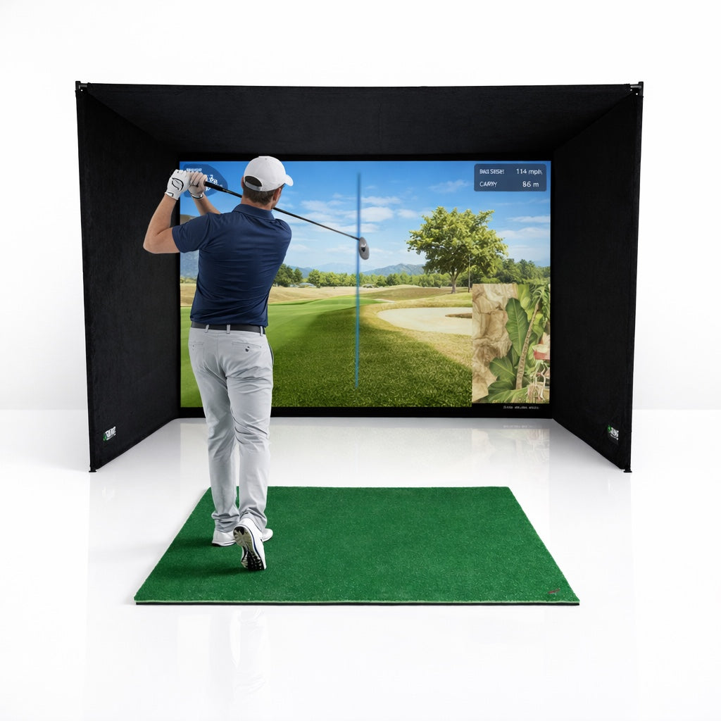 SimBox Golf Simulator Enclosure - 7 sizes, Pro + Impact Screen and Frame INCLUDES FREE SIDE BARRIERS