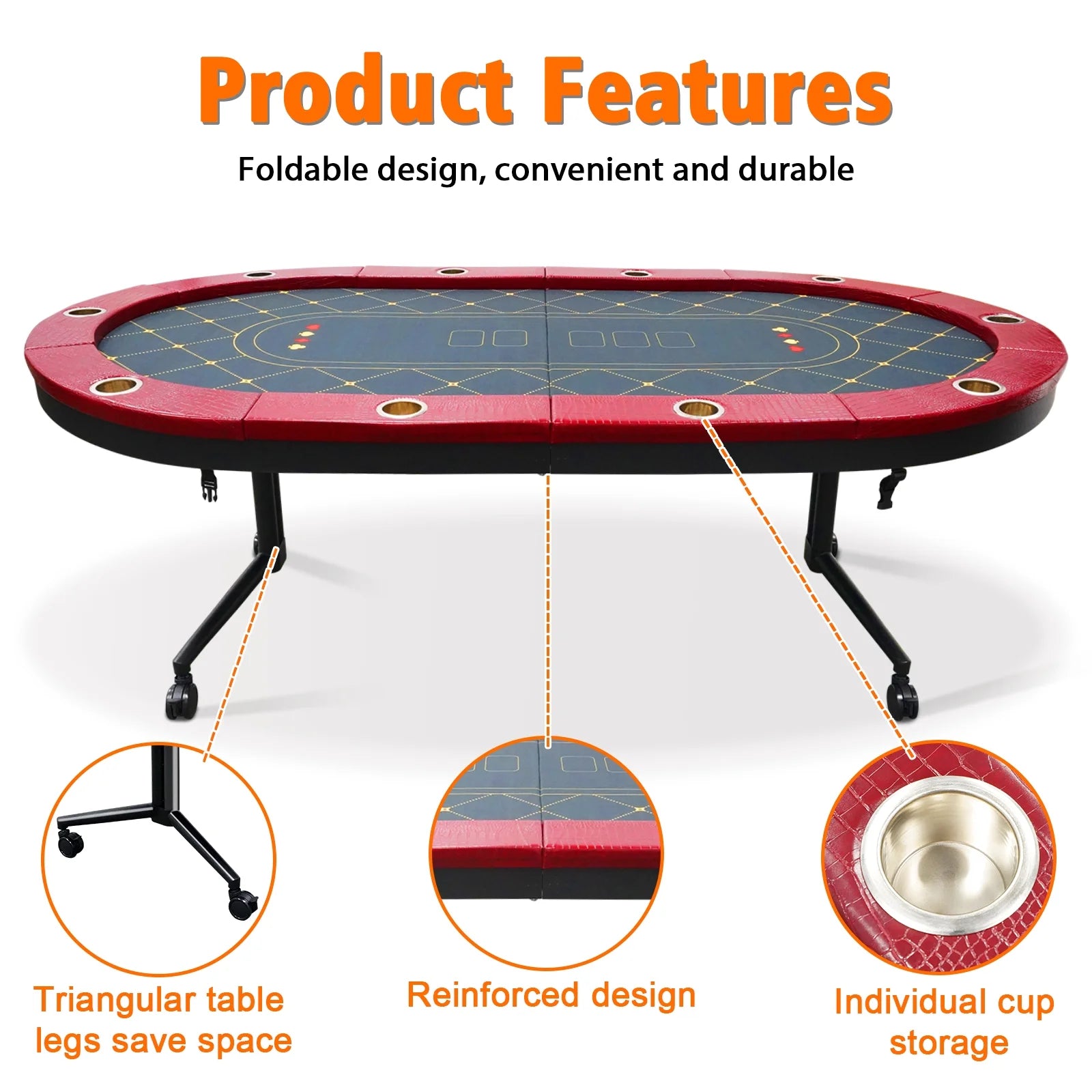 Foldable Poker Table for 10 Player, Blackjack Texas Holdem Table with Padded Rails and Stainless Steel Cup Holders, Portable Folding Card Board Game Table, 90" Oval Casino Leisure Table, Red