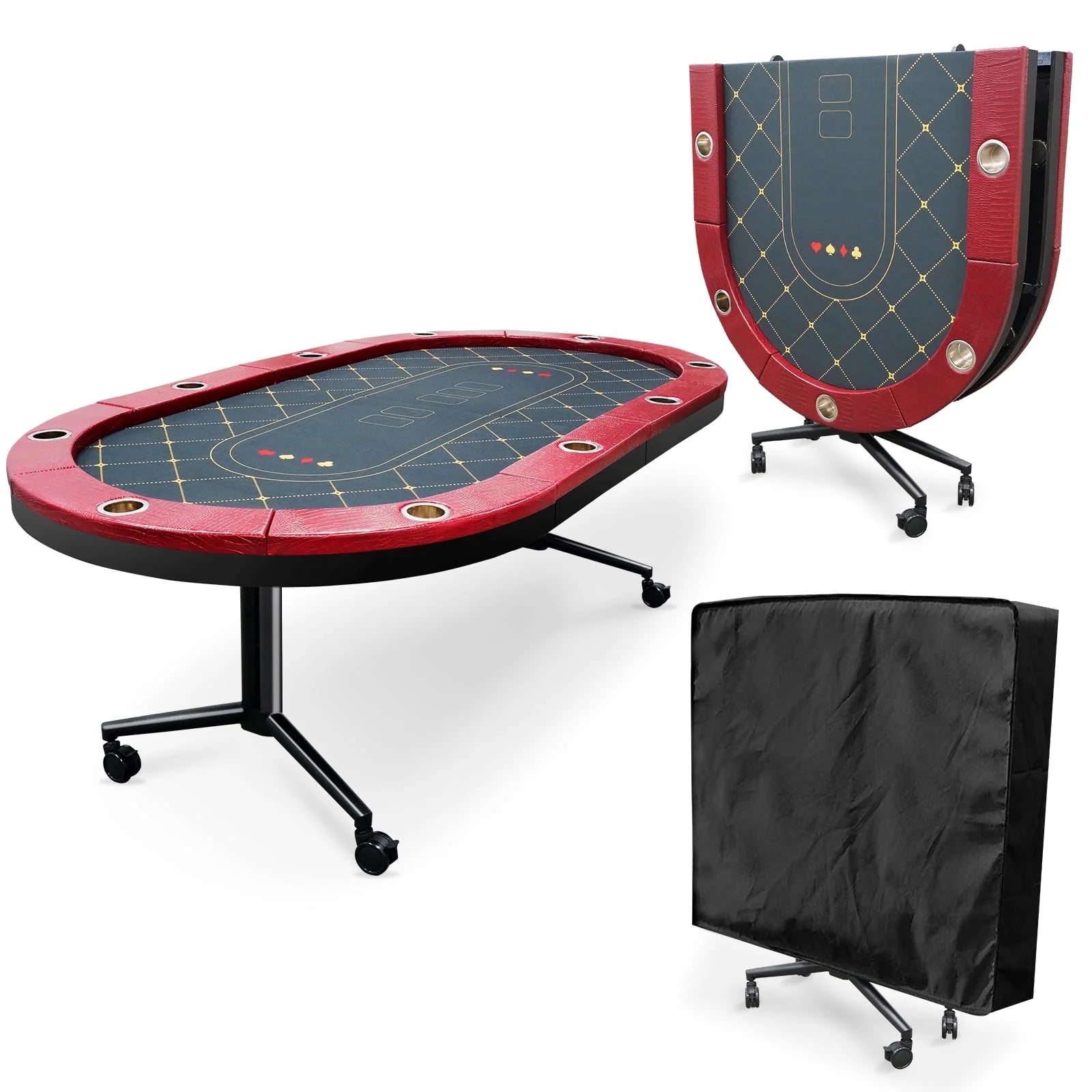 Foldable Poker Table for 10 Player, Blackjack Texas Holdem Table with Padded Rails and Stainless Steel Cup Holders, Portable Folding Card Board Game Table, 90" Oval Casino Leisure Table, Red