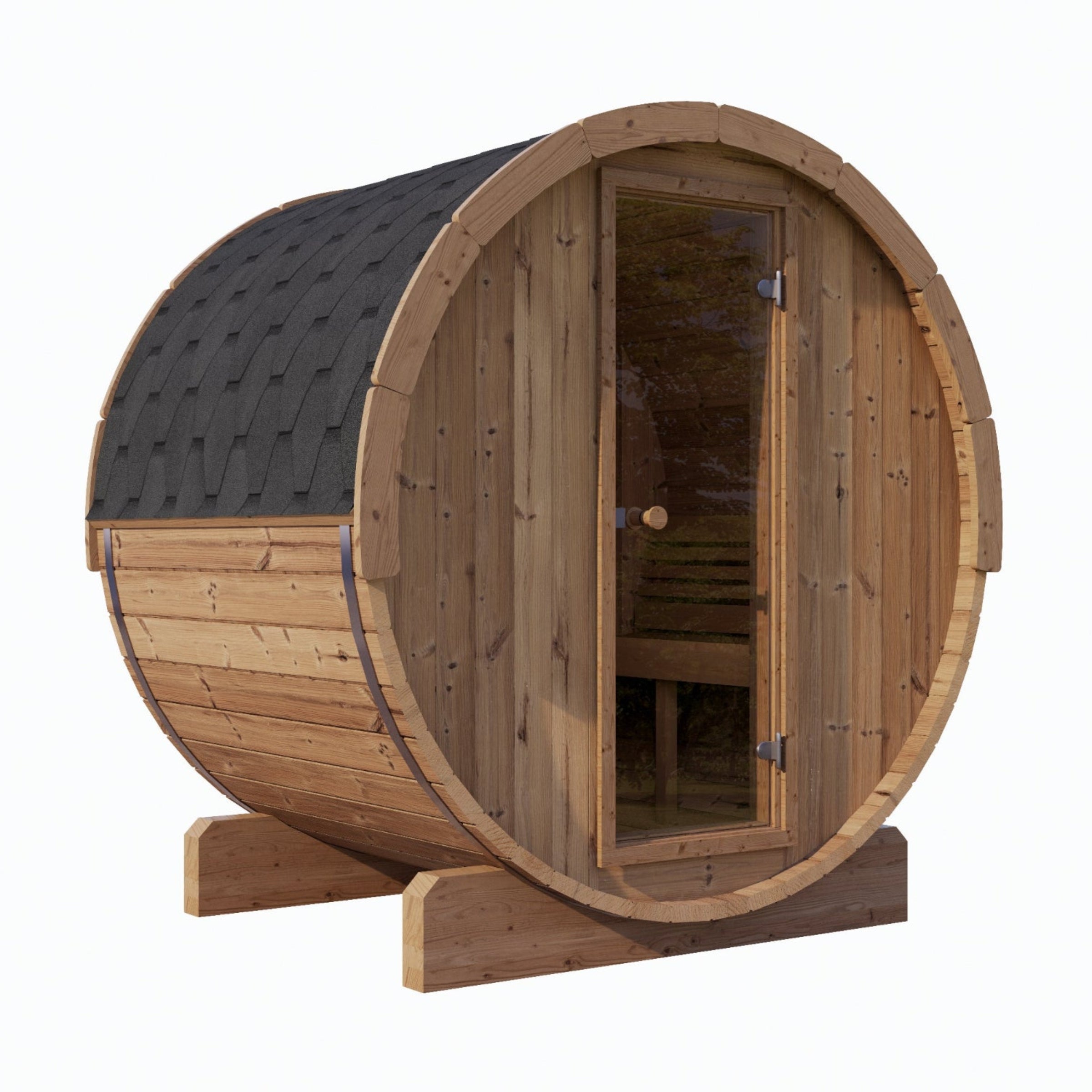 Wooden barrel-shaped sauna on a white background