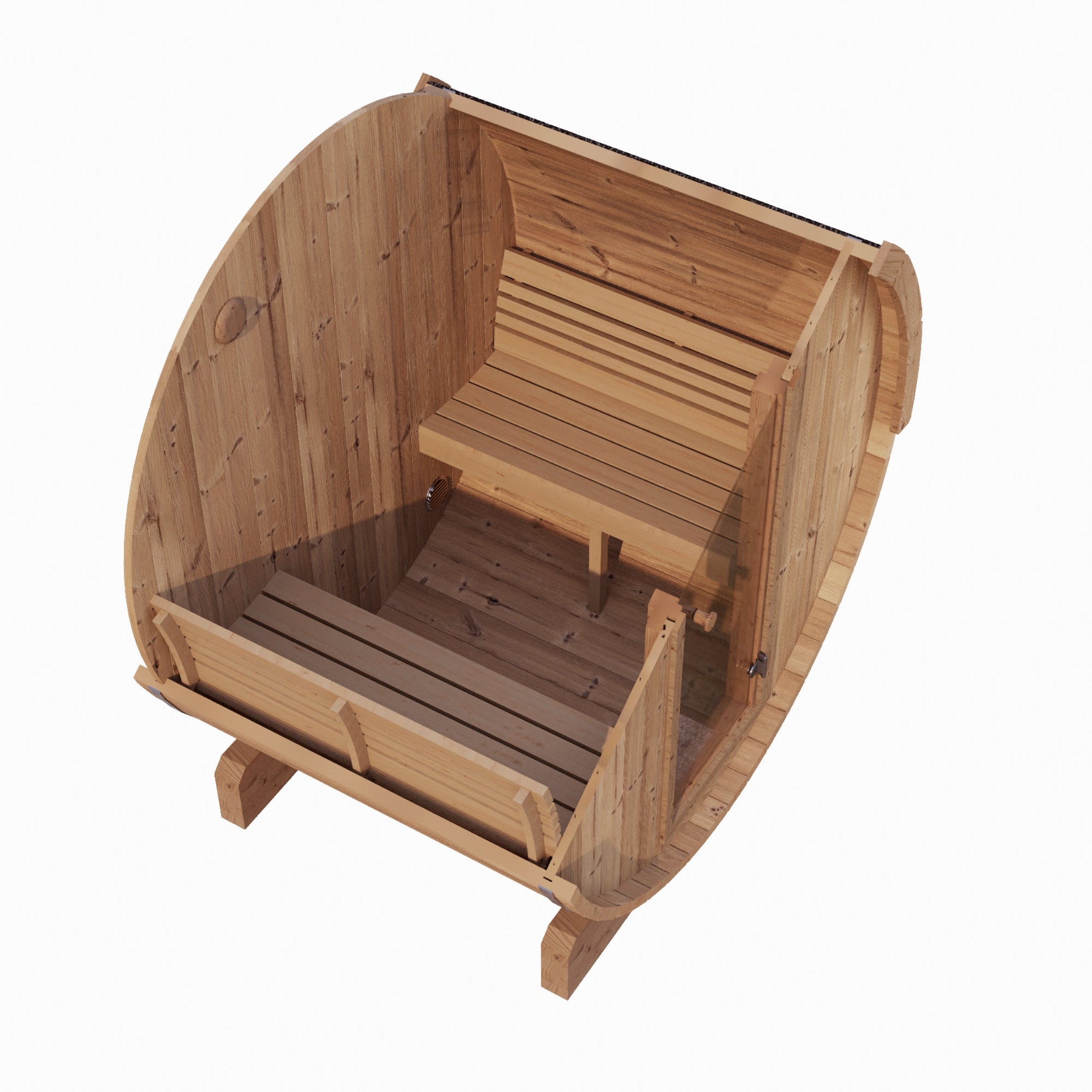 Wooden outdoor furniture piece with curved design on a white background