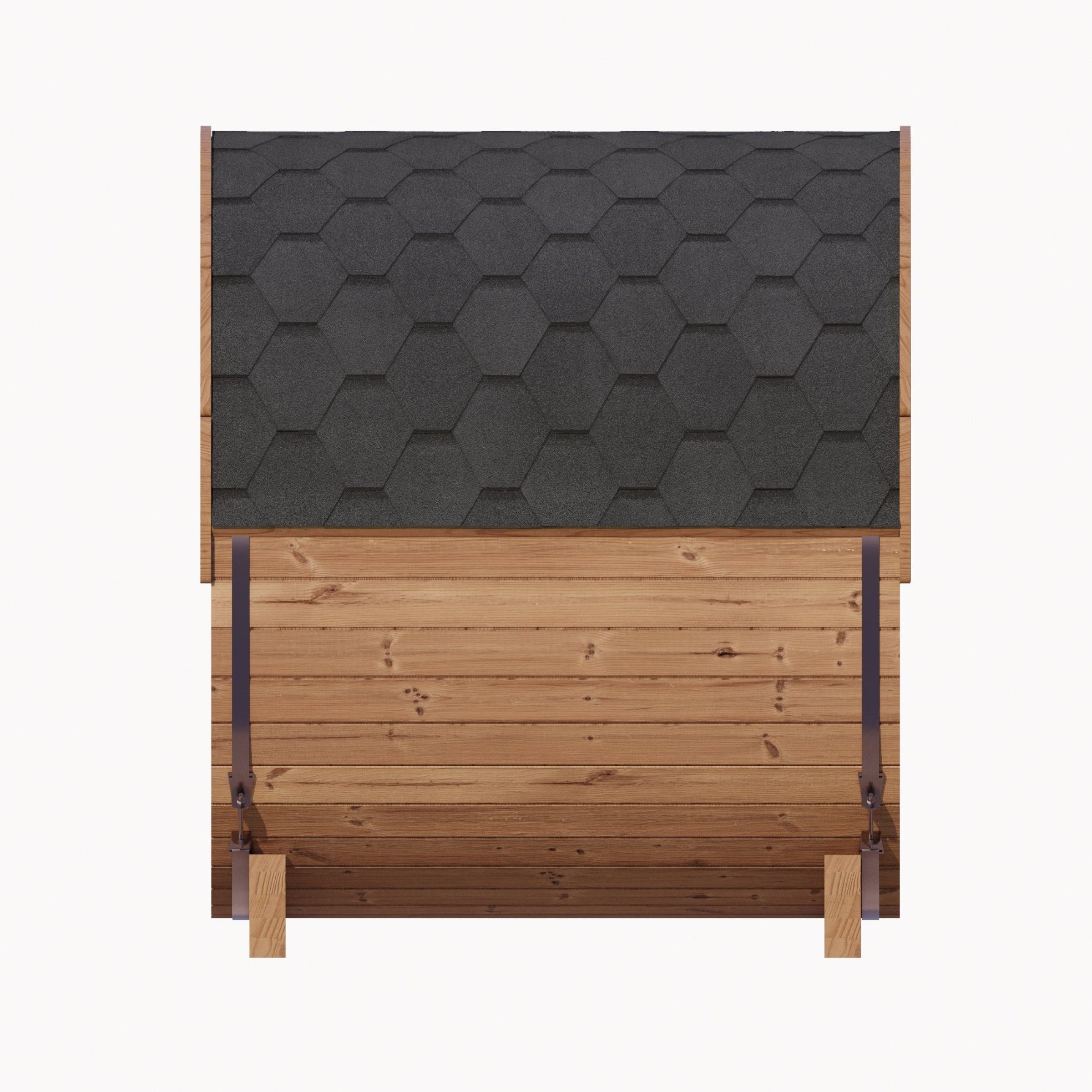 Wooden shed with a hexagonal patterned roof on a white background