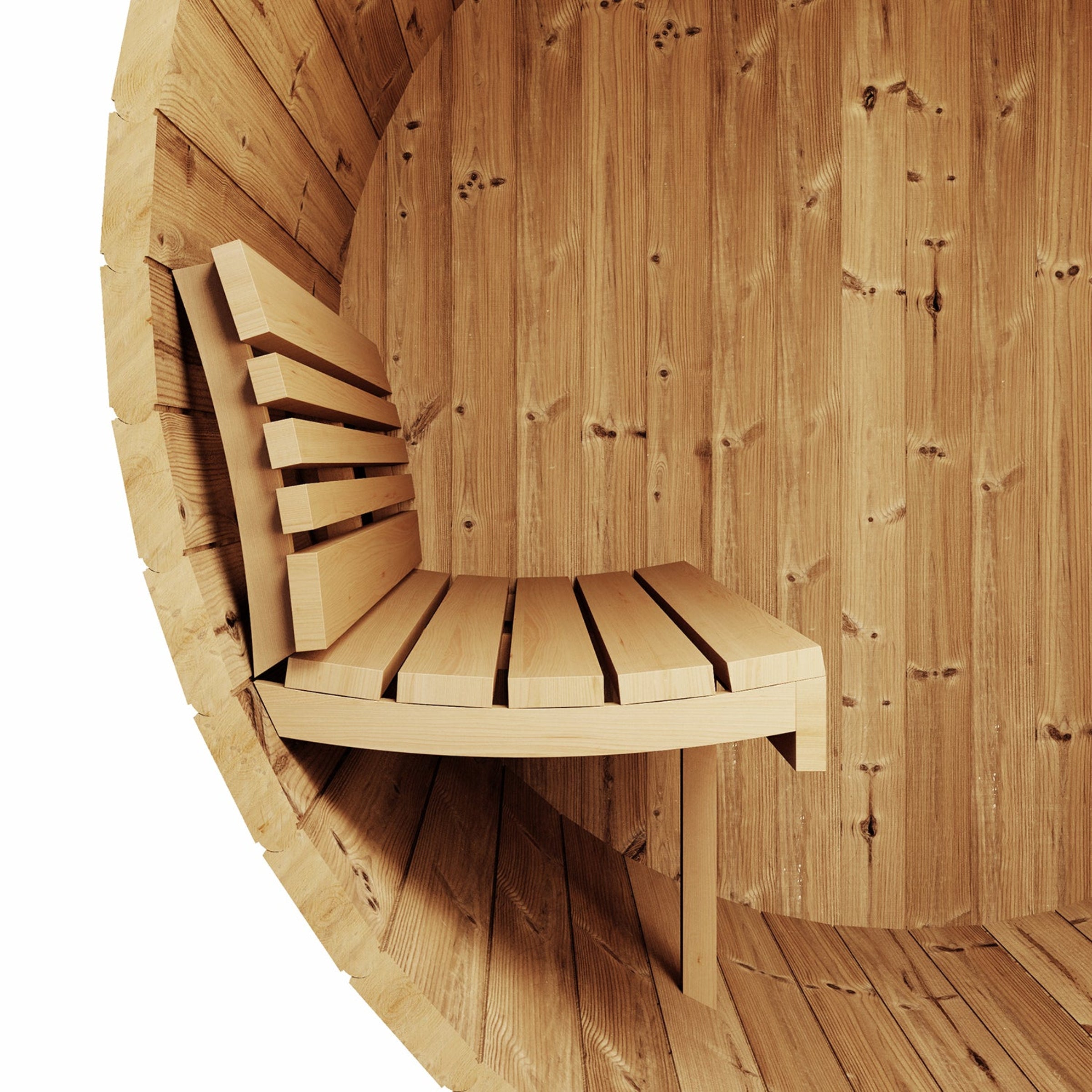 Wooden sauna bench inside a wooden sauna enclosure