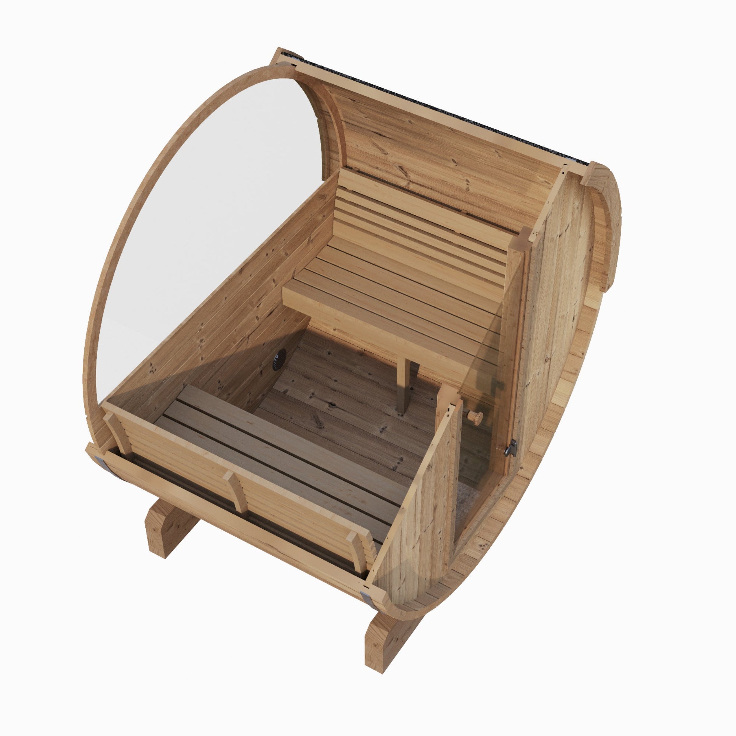 Wooden pet kennel with a curved roof on a white background