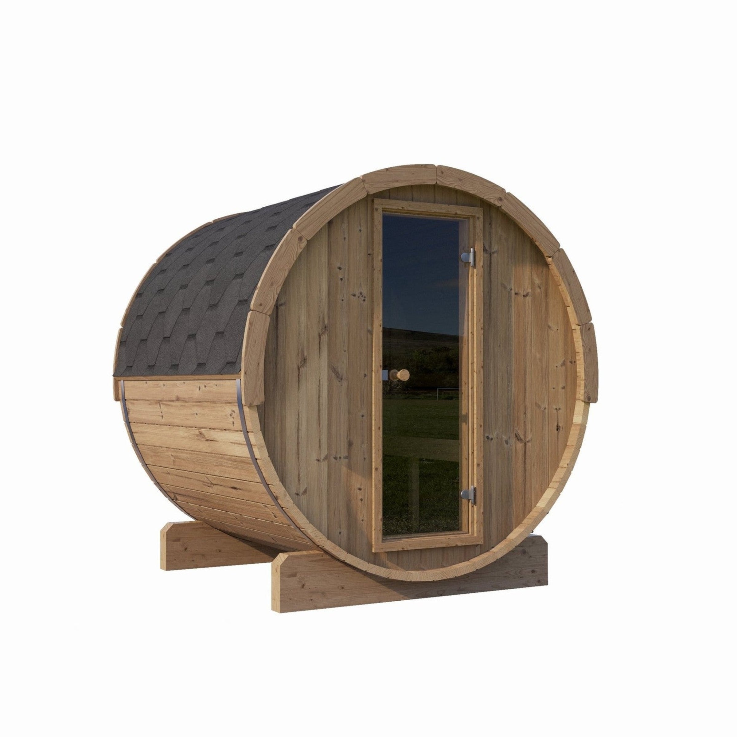 Wooden barrel-shaped sauna with a glass door on a white background