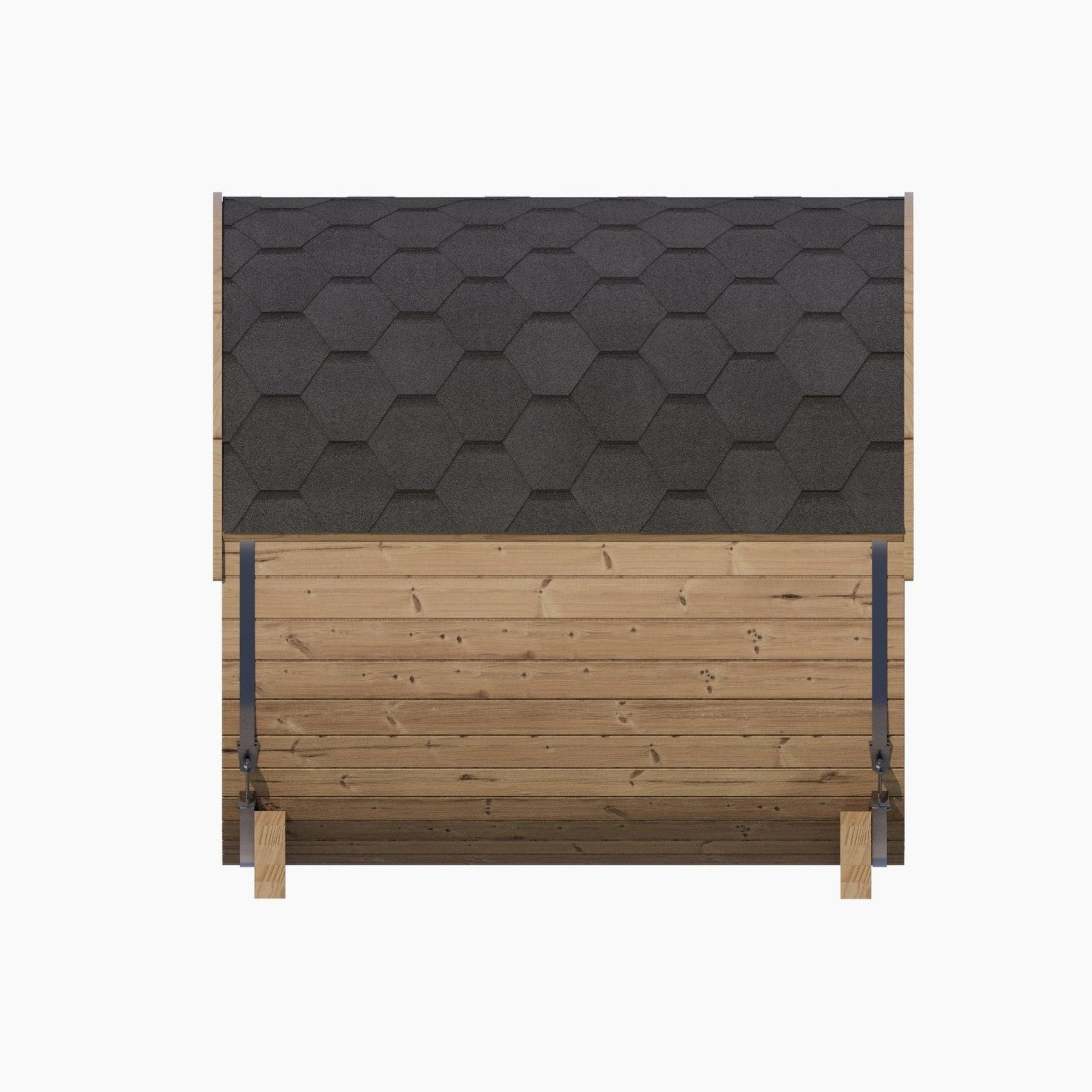 Wooden shed with a dark gray shingled roof on a white background