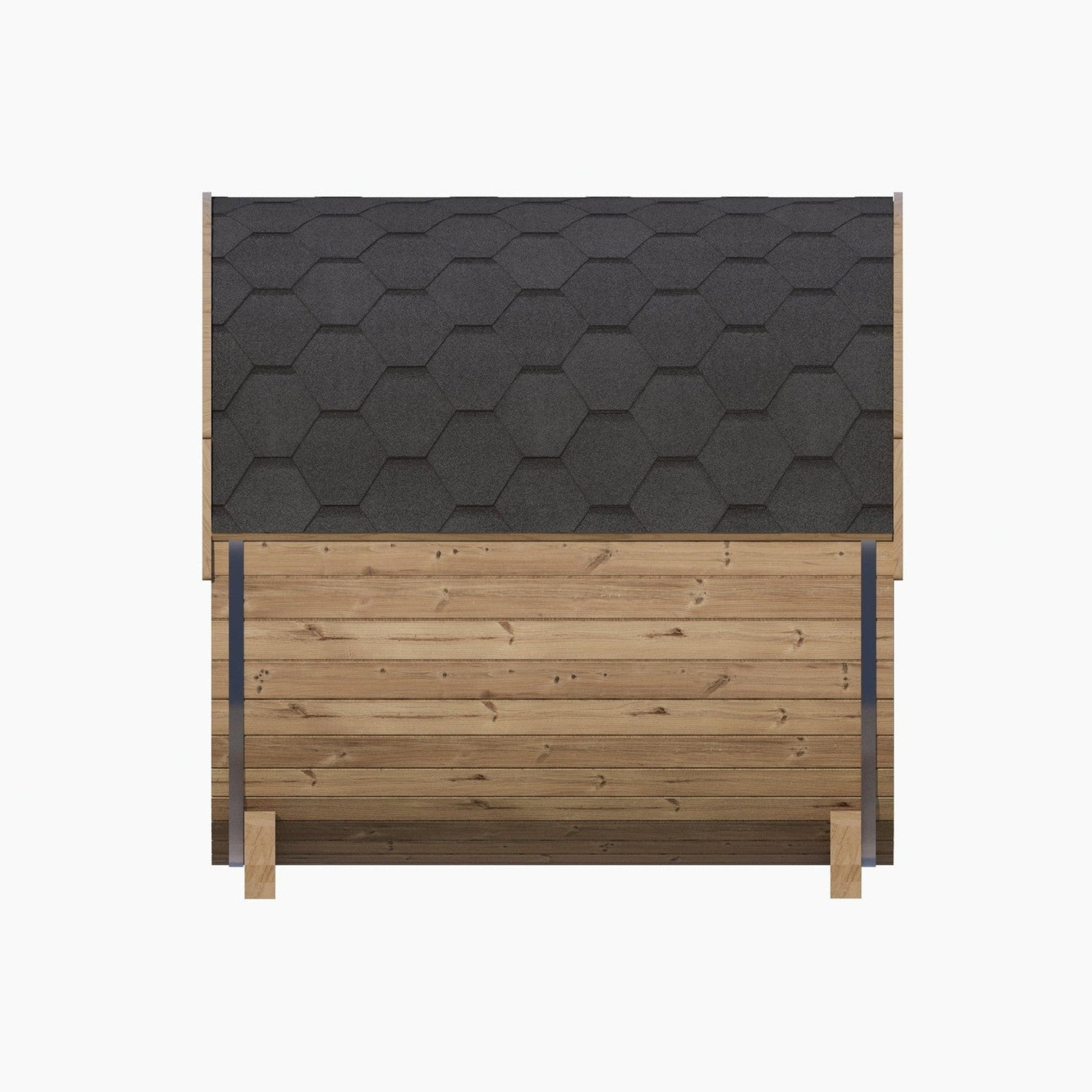 Wooden shed with a black tiled roof on a white background