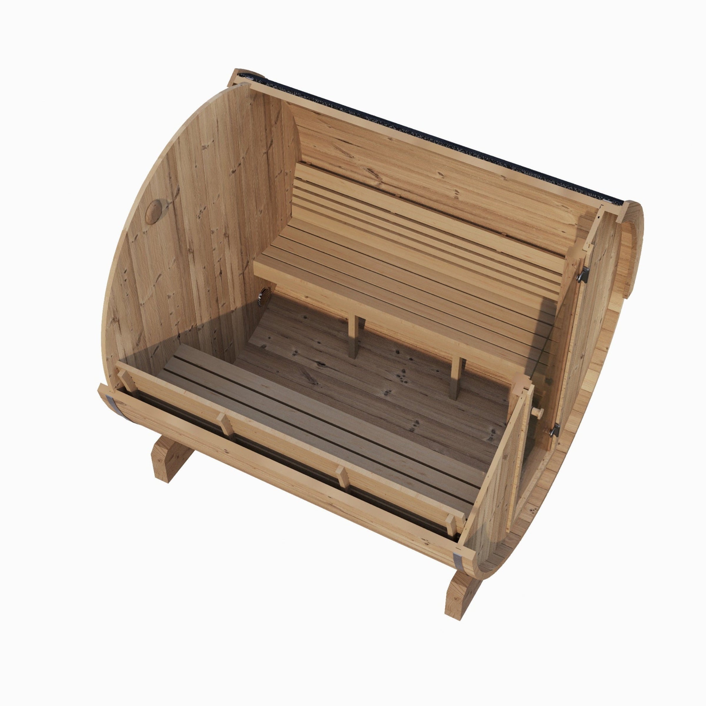 Wooden outdoor bench with curved design on a white background