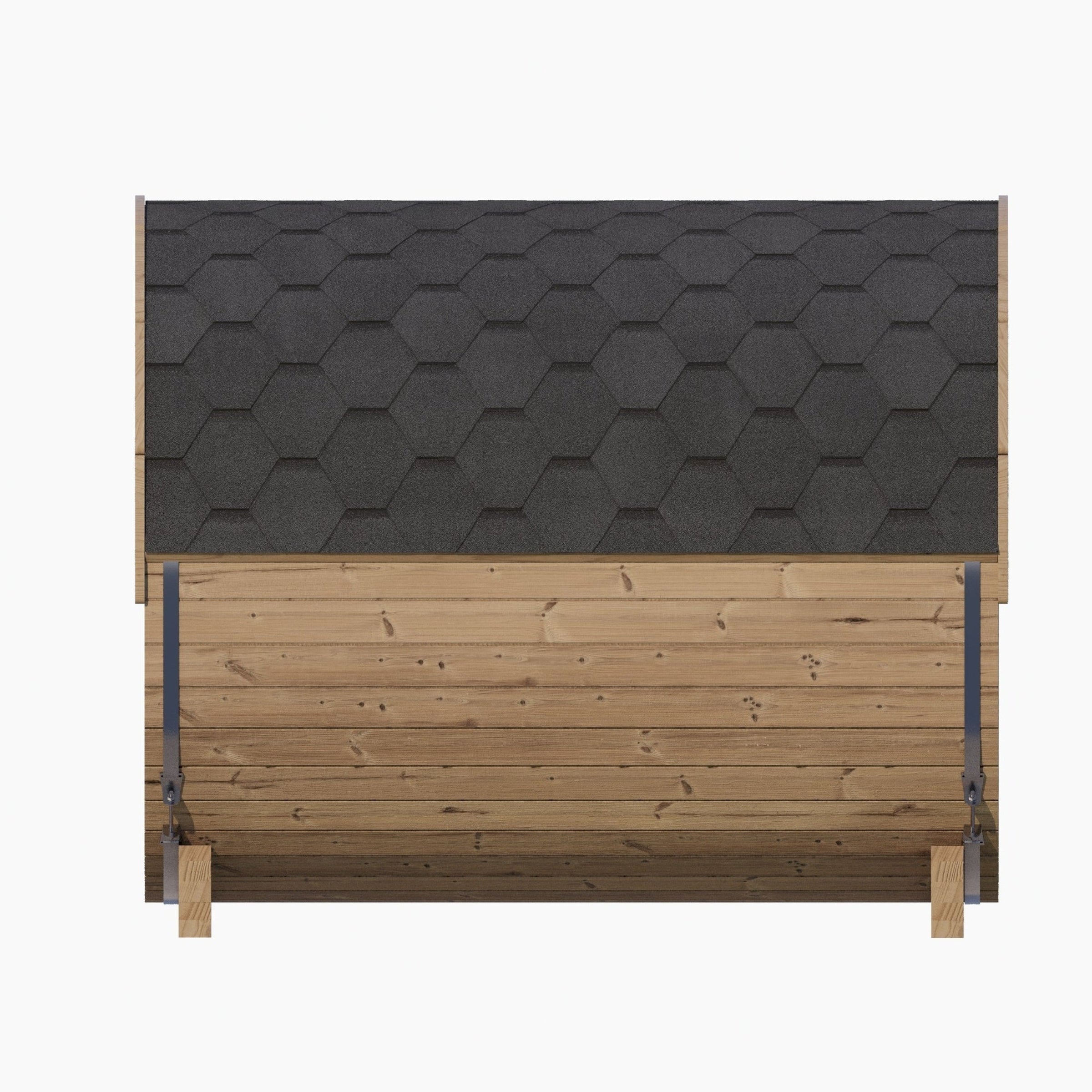 Wooden shed with a hexagonal patterned roof on a white background