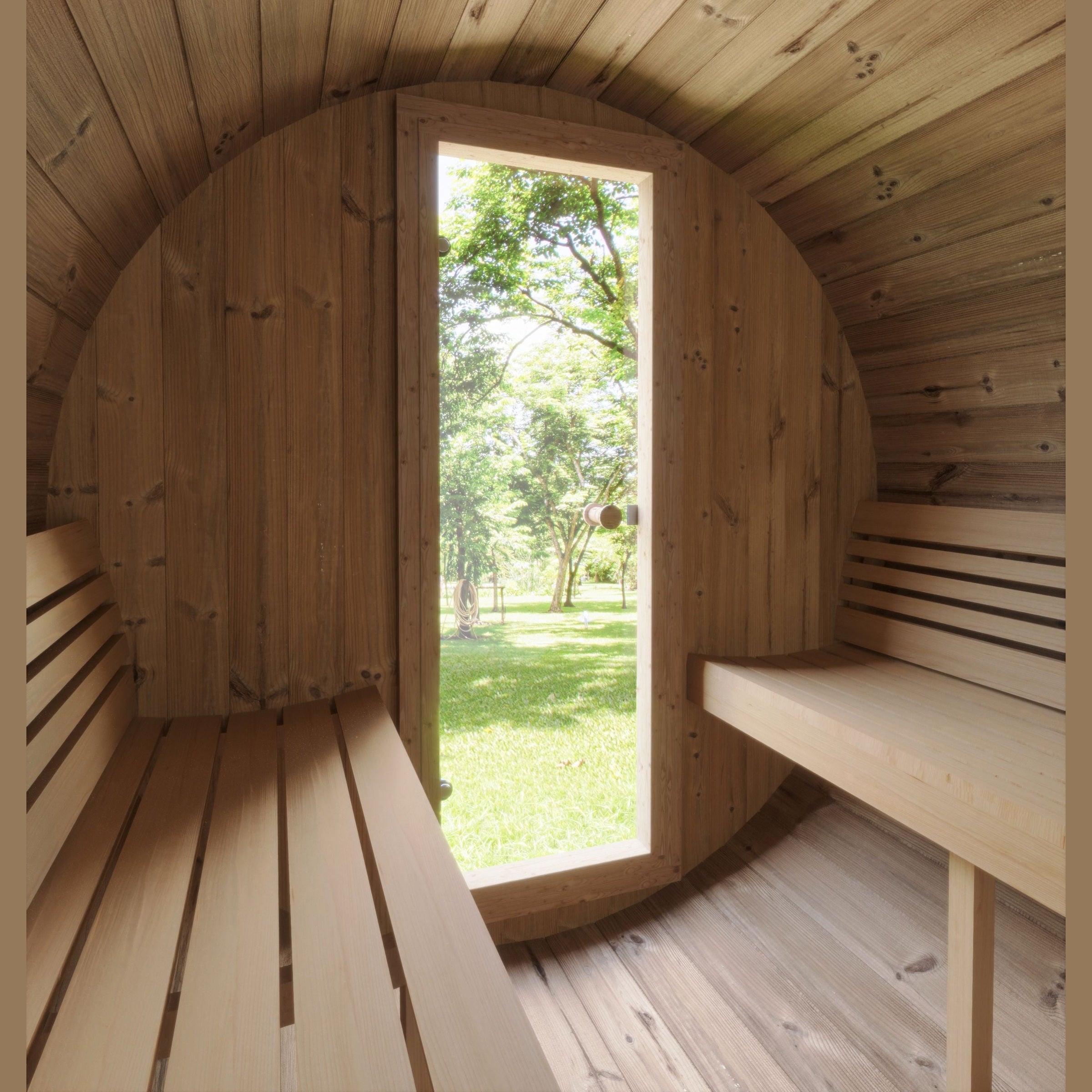 Wooden sauna with a large window showing a green outdoor area
