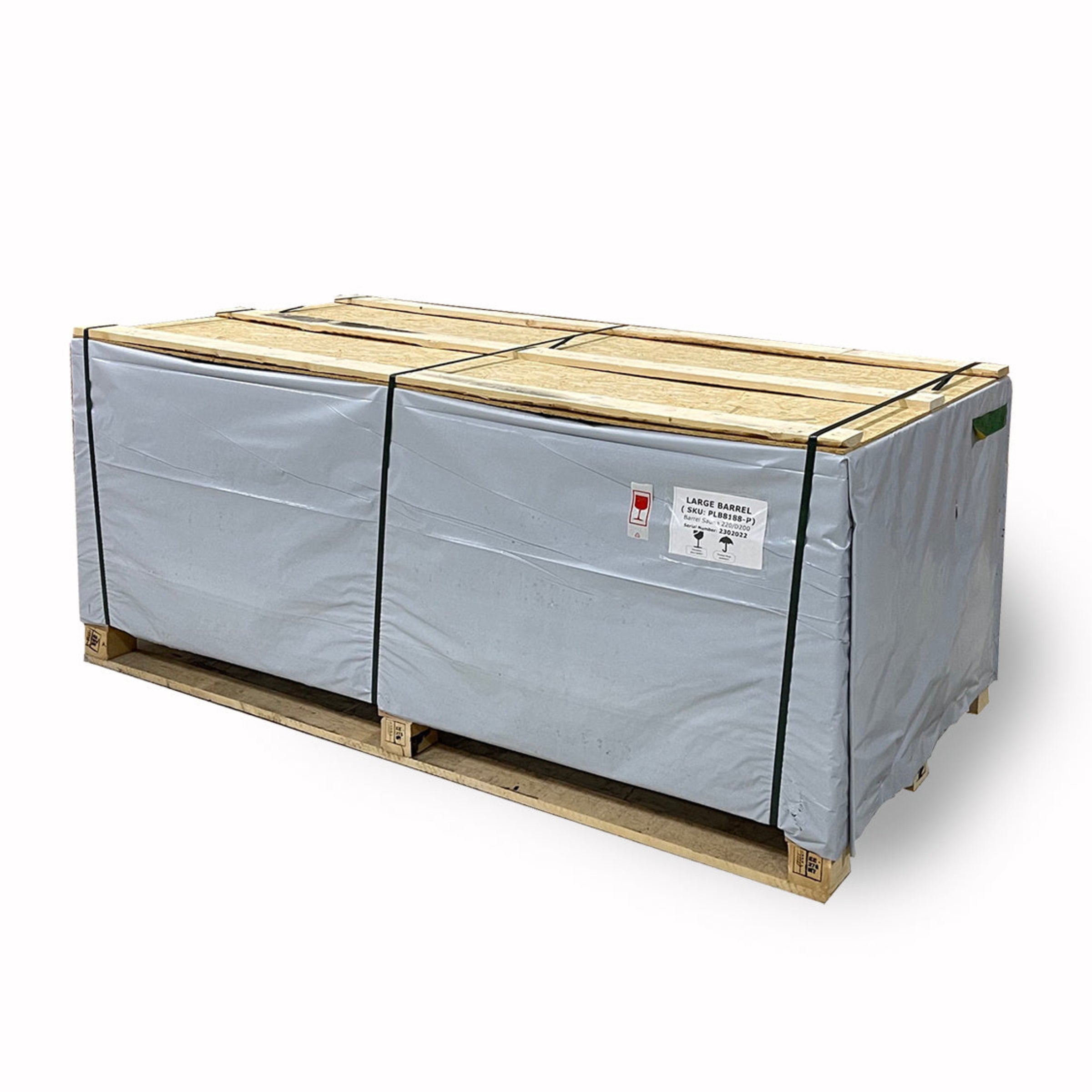 Pallet with a large box wrapped in gray covering on a white background