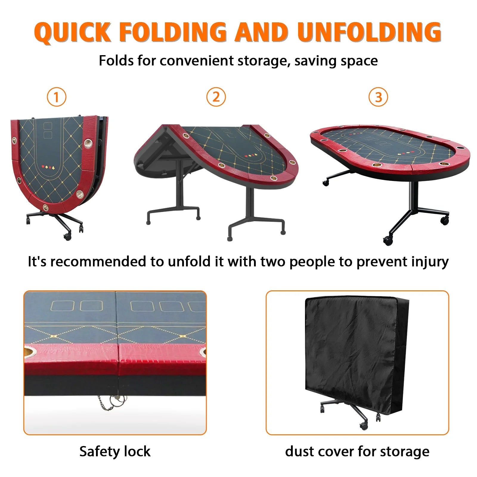 Foldable Poker Table for 10 Player, Blackjack Texas Holdem Table with Padded Rails and Stainless Steel Cup Holders, Portable Folding Card Board Game Table, 90" Oval Casino Leisure Table, Red