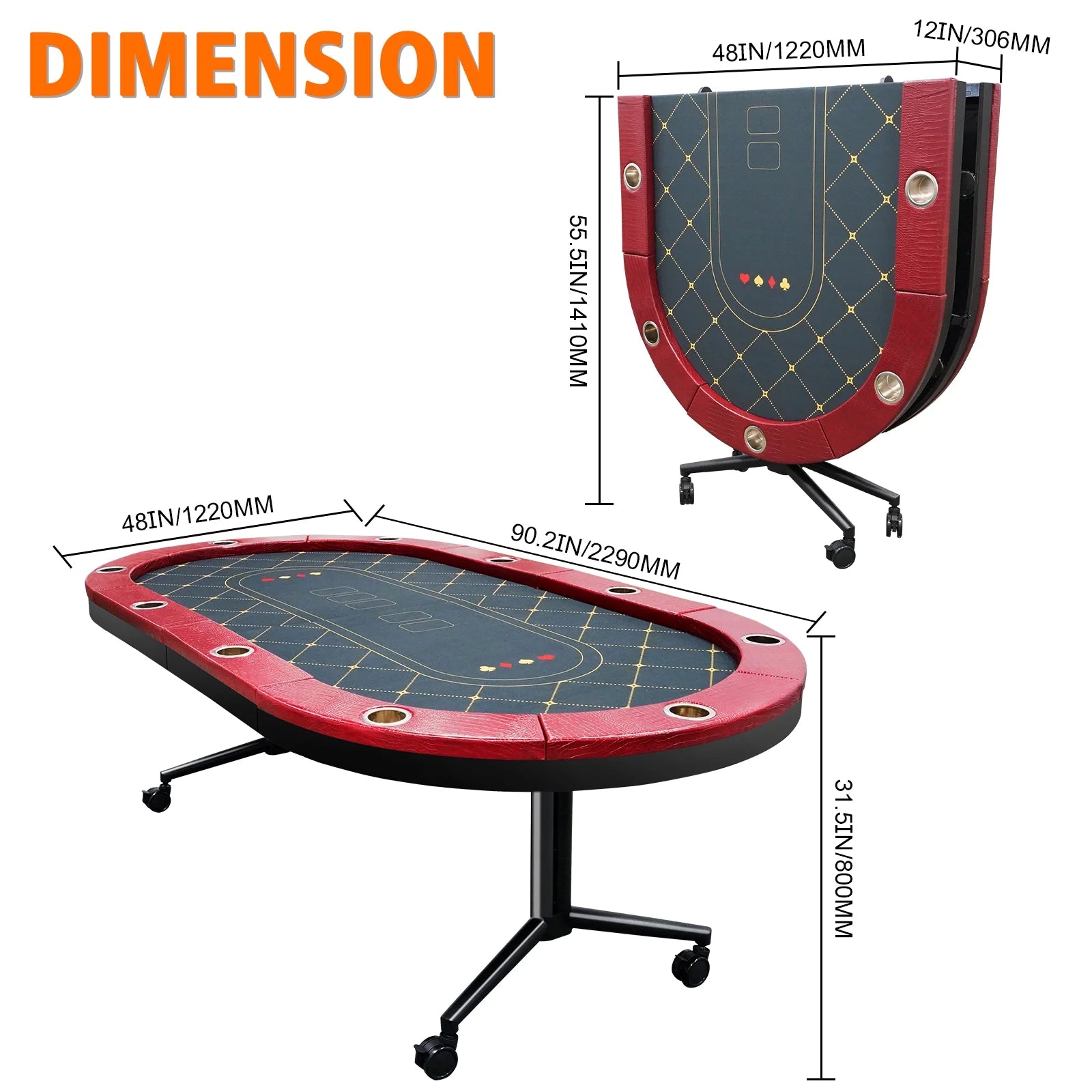 Foldable Poker Table for 10 Player, Blackjack Texas Holdem Table with Padded Rails and Stainless Steel Cup Holders, Portable Folding Card Board Game Table, 90" Oval Casino Leisure Table, Red