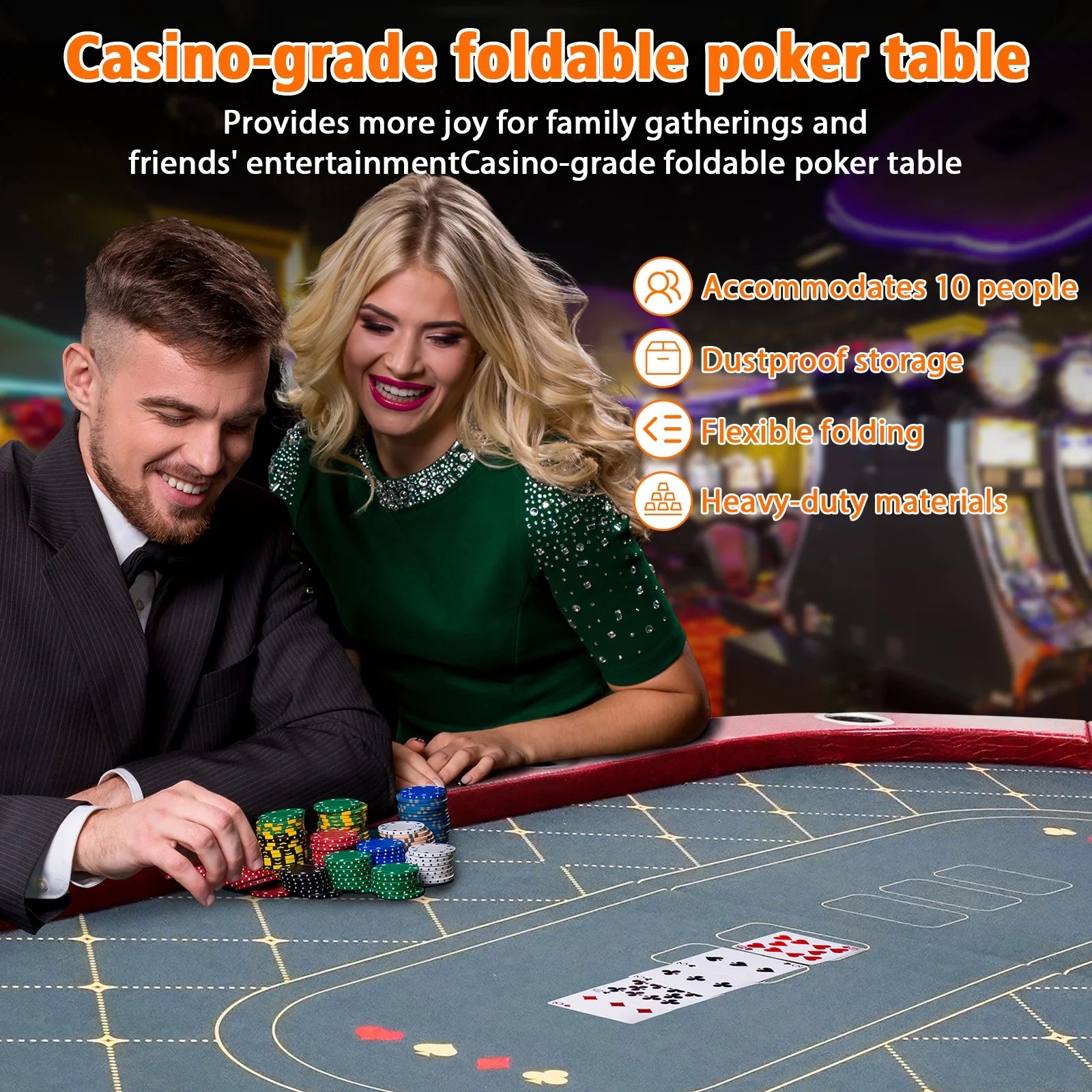 Foldable Poker Table for 10 Player, Blackjack Texas Holdem Table with Padded Rails and Stainless Steel Cup Holders, Portable Folding Card Board Game Table, 90" Oval Casino Leisure Table, Red