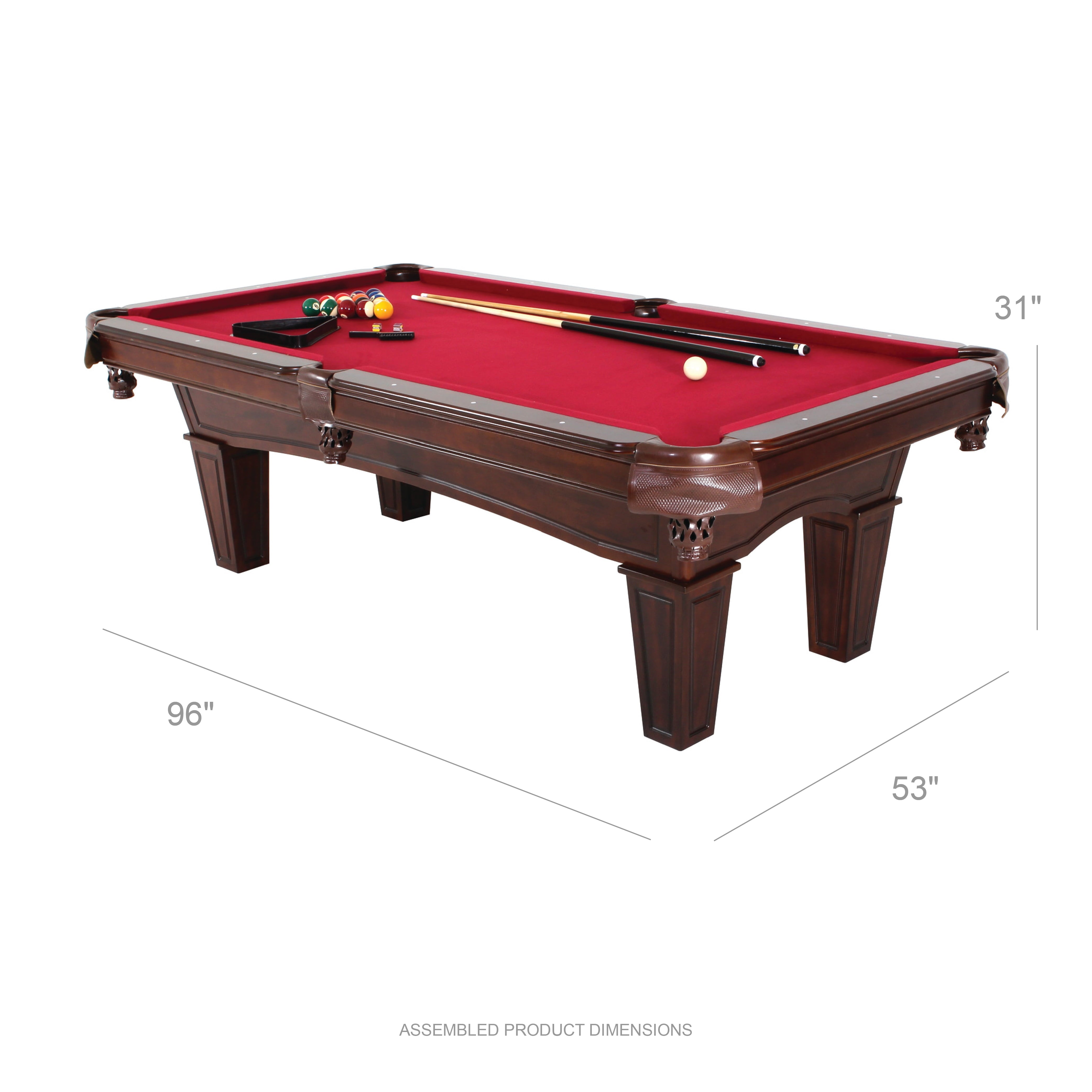 Fullerton Billiard Table - 7.5' - in Dark Chestnut Finish with Triangle Rack, Chalk, Ball Set, Brush and 2 One-Piece Cues